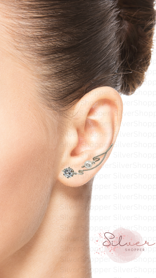 Handcrafted Dolce Collection Ear-Up™ featuring a sparkling 6mm Cubic Zirconia and elegant 4mm Pearl Beads in .925 Sterling Silver by Silver Shopper.