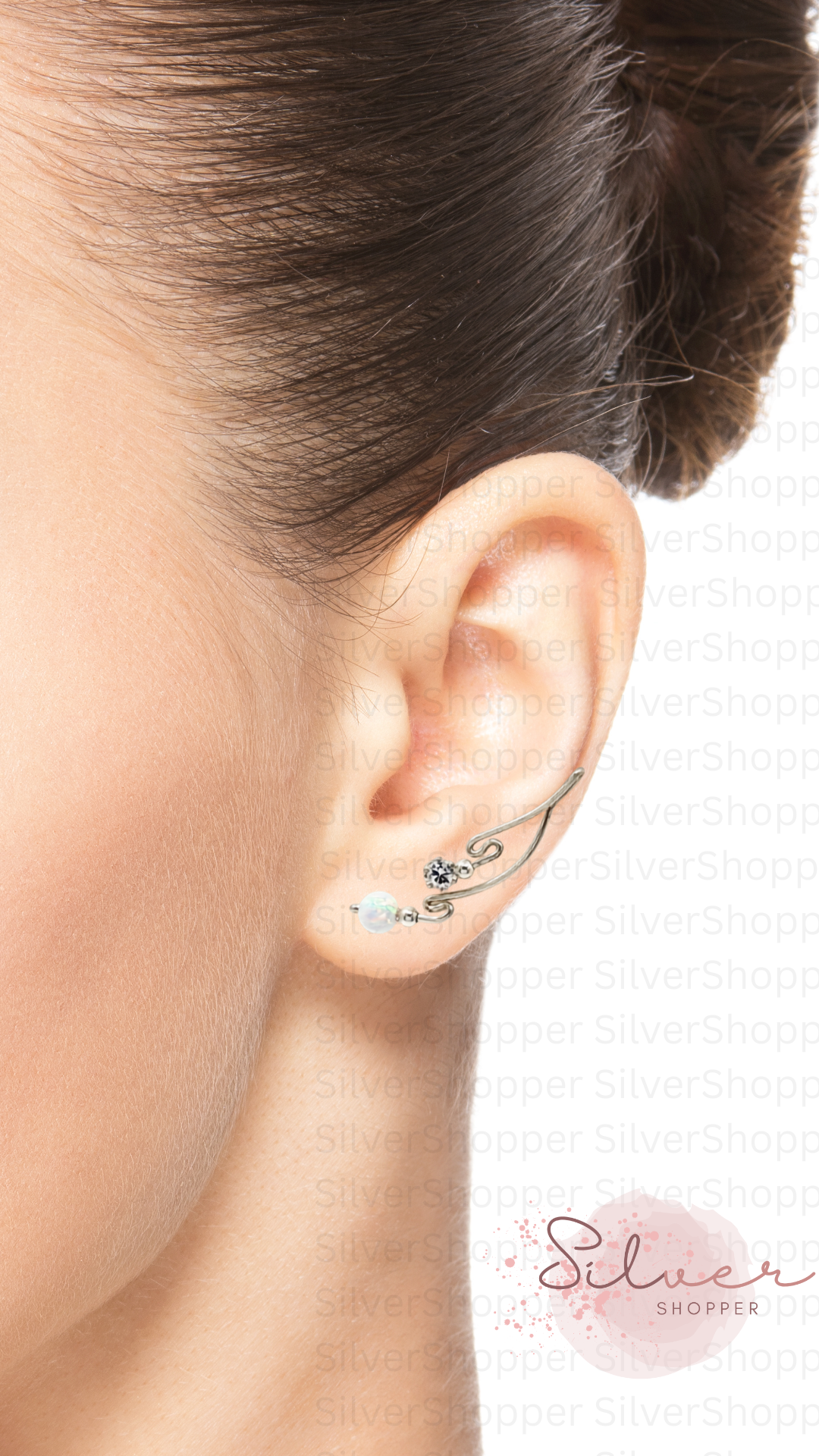 Handcrafted Dolce Collection Ear-Up™ featuring sparkling Cubic Zirconia and luminous 6mm White Opal Beads in .925 Sterling Silver by Silver Shopper.