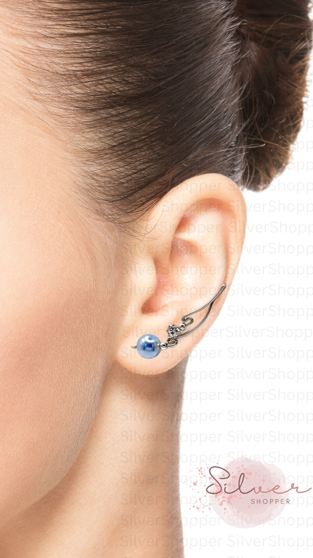 Handcrafted Dolce Collection Ear-Up™ featuring sparkling Cubic Zirconia and elegant 8mm Blue Pearl Beads in .925 Sterling Silver by Silver Shopper.