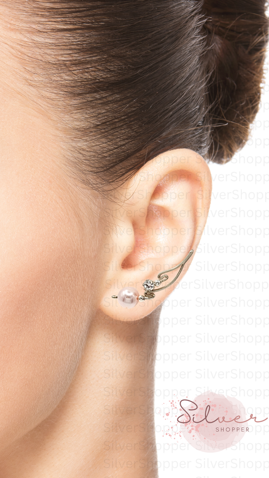Handcrafted Dolce Collection Ear-Up™ featuring sparkling Cubic Zirconia and elegant 8mm Pink Pearl Beads in .925 Sterling Silver by Silver Shopper.