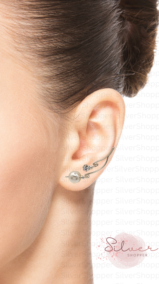 Handcrafted Dolce Collection Ear-Up™ featuring sparkling Cubic Zirconia and lustrous 8mm White Pearl Beads in .925 Sterling Silver by Silver Shopper.