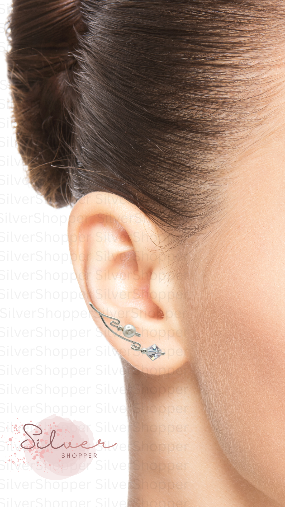 Handcrafted Dolce Collection Ear-Up™ featuring 6mm pearl beads and 8mm Aurora Borealis crystal beads on .925 Sterling Silver wire.
