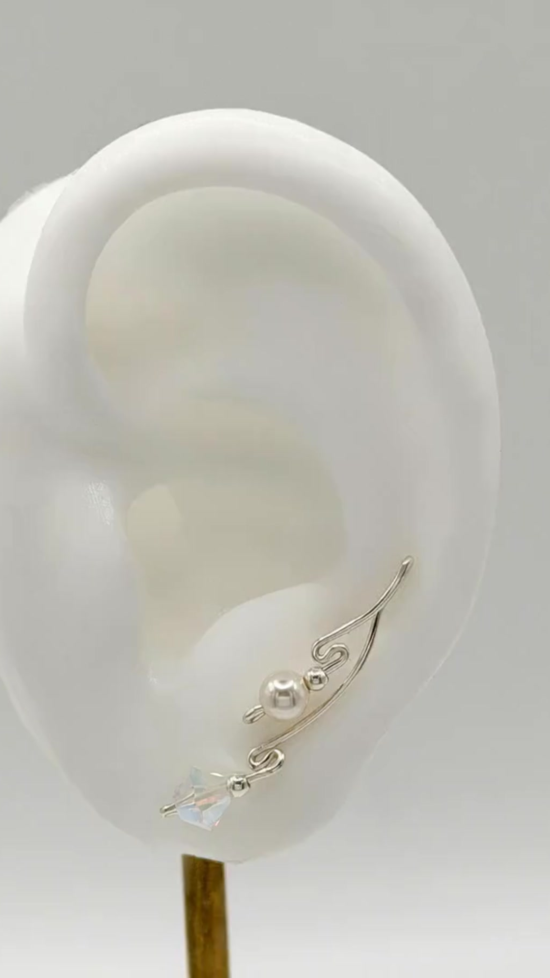Handcrafted Dolce Collection Ear-Up™ featuring 6mm pearl beads and 8mm Aurora Borealis crystal beads on .925 Sterling Silver wire.