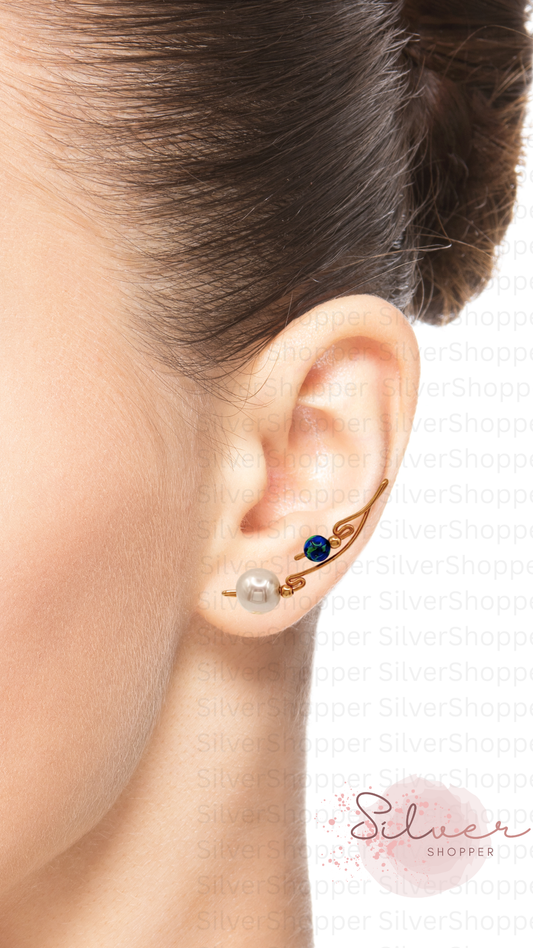 Handcrafted Dolce Collection Ear-Up™ featuring 8mm Natural Edison Pearls and Black Opal Beads on 14/20KT Gold-Filled wire. Elegant ear climber jewelry handcrafted by Silvia Iglesias.