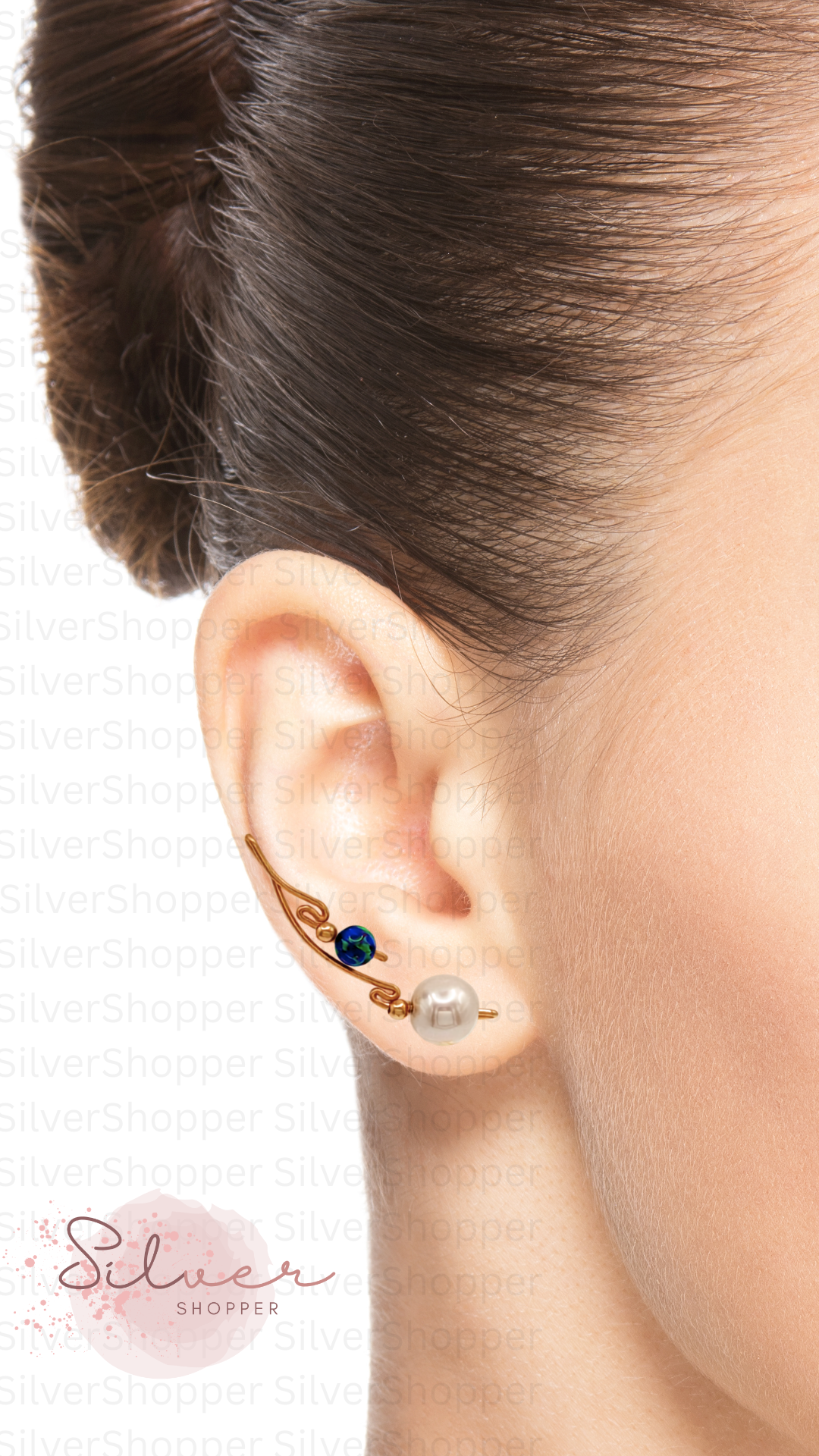 Handcrafted Dolce Collection Ear-Up™ featuring 8mm Natural Edison Pearls and Black Opal Beads on 14/20KT Gold-Filled wire. Elegant ear climber jewelry handcrafted by Silvia Iglesias.