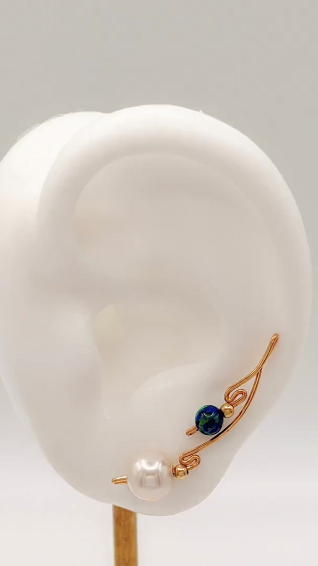 Handcrafted Dolce Collection Ear-Up™ featuring 8mm Natural Edison Pearls and Black Opal Beads on 14/20KT Gold-Filled wire. Elegant ear climber jewelry handcrafted by Silvia Iglesias.