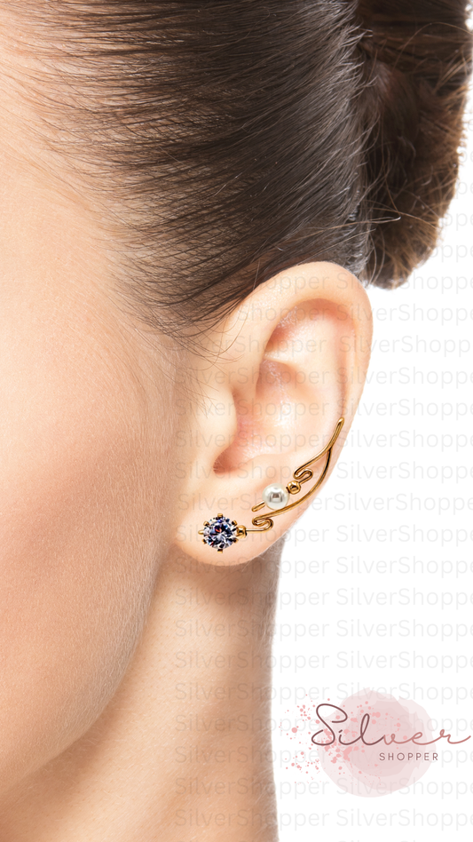 Handcrafted Dolce Collection Ear-Up™ featuring sparkling Clear Cubic Zirconia and luminous 6mm Pearl Beads on 14/20KT Gold-Filled wire. Elegant ear climber jewelry handcrafted by Silvia Iglesias.