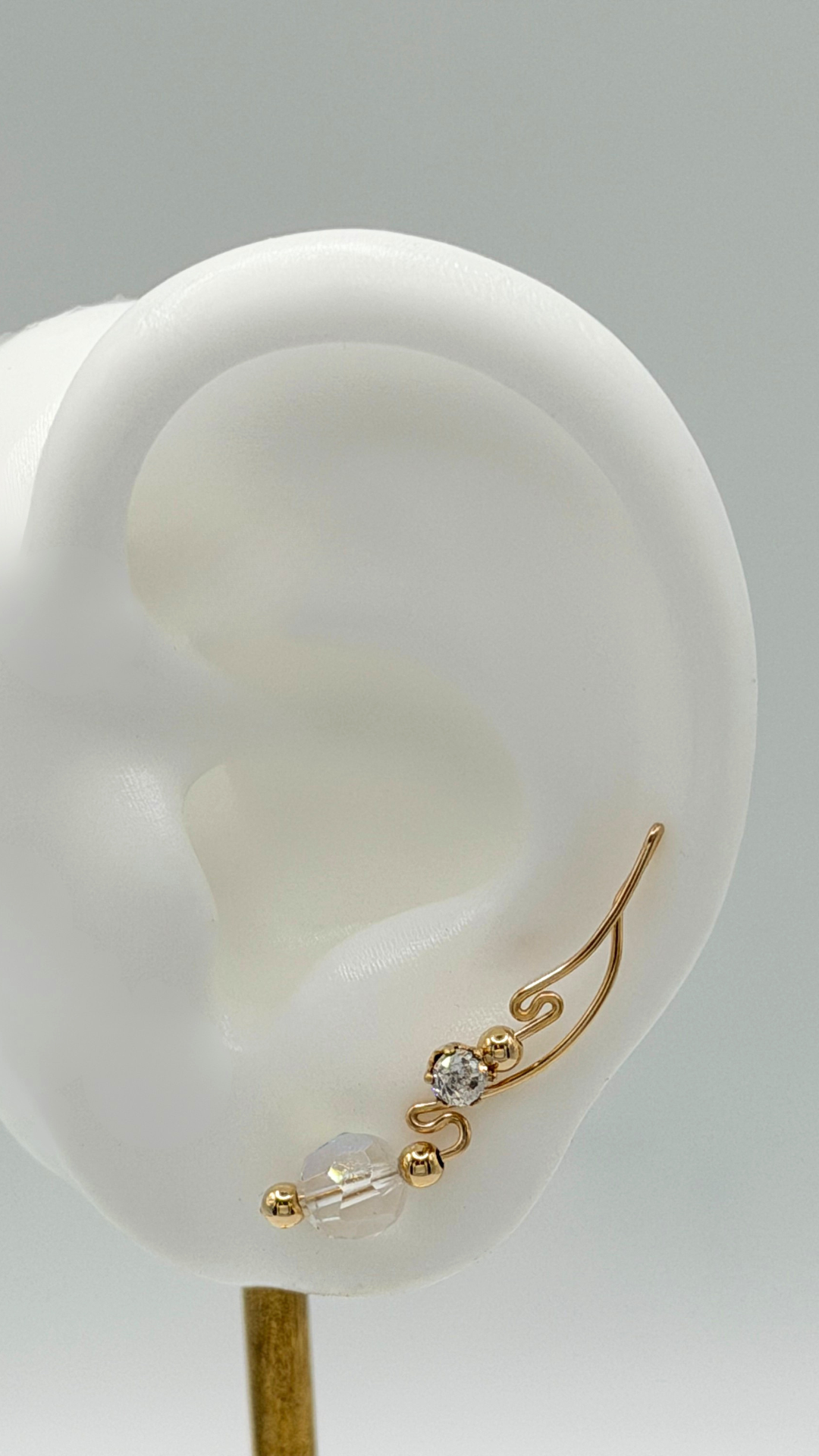 Handcrafted Dolce Collection Ear-Up™ featuring sparkling Clear Cubic Zirconia and 8mm Aurora Borealis Crystal Beads on 14/20KT Gold-Filled wire. Elegant ear climber jewelry handcrafted by Silvia Iglesias.