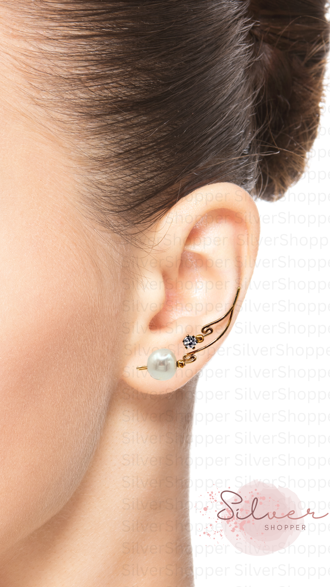 Handcrafted Dolce Collection Ear-Up™ featuring sparkling Clear Cubic Zirconia and luminous 8mm Pearl Beads on 14/20KT Gold-Filled wire. Elegant ear climber jewelry handcrafted by Silvia Iglesias.