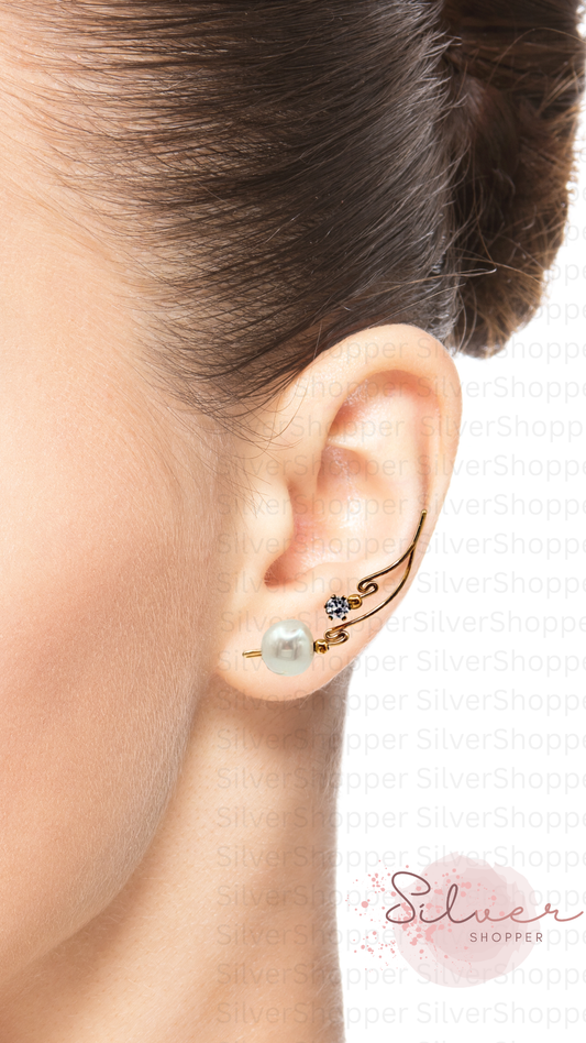 Handcrafted Dolce Collection Ear-Up™ featuring sparkling Clear Cubic Zirconia and luminous 8mm Pearl Beads on 14/20KT Gold-Filled wire. Elegant ear climber jewelry handcrafted by Silvia Iglesias.