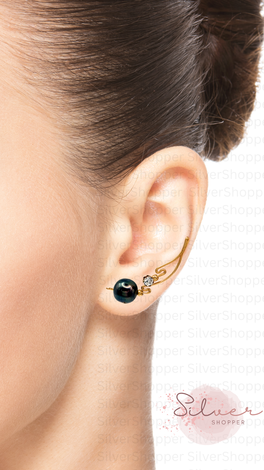 Handcrafted Dolce Collection Ear-Up™ featuring sparkling Clear Cubic Zirconia and lustrous 8mm Tahitian Pearl Beads on 14/20KT Gold-Filled wire. Elegant ear climber jewelry handcrafted by Silvia Iglesias.