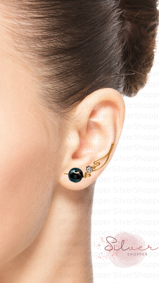 Handcrafted Dolce Collection Ear-Up™ featuring sparkling Clear Cubic Zirconia and lustrous 8mm Tahitian Pearl Beads on 14/20KT Gold-Filled wire. Elegant ear climber jewelry handcrafted by Silvia Iglesias.