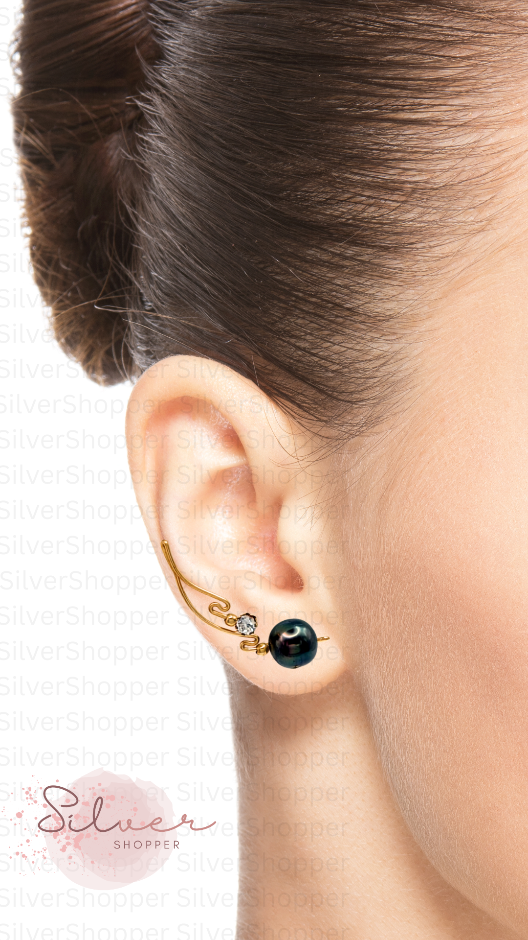 Handcrafted Dolce Collection Ear-Up™ featuring sparkling Clear Cubic Zirconia and lustrous 8mm Tahitian Pearl Beads on 14/20KT Gold-Filled wire. Elegant ear climber jewelry handcrafted by Silvia Iglesias.