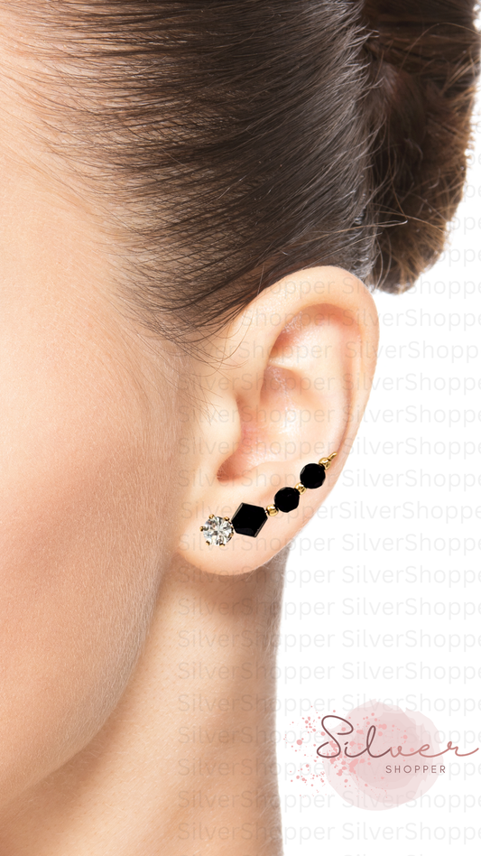 Handcrafted Grazia Collection Ear-Up™ featuring sparkling Clear Cubic Zirconia and faceted Black Jet Crystal Beads on 14/20KT Gold-Filled wire. Elegant handcrafted ear jewelry designed by Silvia Iglesias.