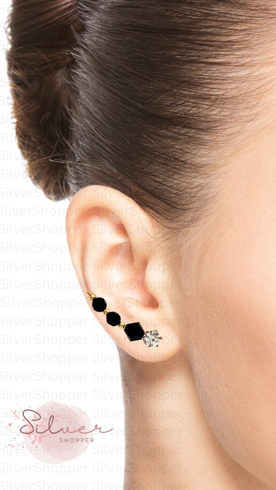 Handcrafted Grazia Collection Ear-Up™ featuring sparkling Clear Cubic Zirconia and faceted Black Jet Crystal Beads on 14/20KT Gold-Filled wire. Elegant handcrafted ear jewelry designed by Silvia Iglesias.
